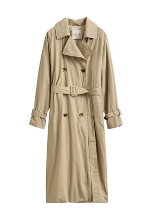 Trench beige doppiopetto con cintura e cinturini con fibbia sulle maniche lunghe, con colletto classico e due tasche frontali.