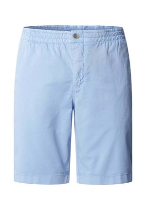 Svetlomodré pánske šortky s elastickým pásom, zapínaním na gombík a rovnými nohavicami.