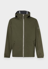 Veste verte à capuche avec fermeture éclair à l'avant, deux poches zippées pour les mains, poignets élastiques et logo sur la manche gauche.