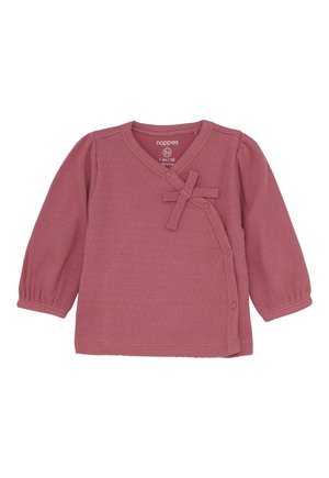 Miękka różowa prążkowana koszulka dla niemowląt z długim rękawem na zakładkę z napami i ozdobą w postaci materiałowej kokardki, rozmiar 56 (1-2 miesiące).