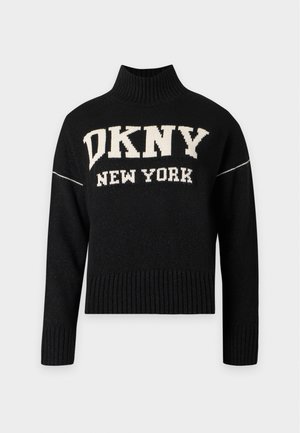 DKNY, ALL OVER INTARSIA LOGO TURTLENECK HIGH LOW BOXY - Пуловер - black/eggnog