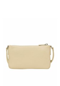 Beige Leder-Clutch mit glatter Textur, Reißverschluss und verstellbarem Trageriemen. Schlichtes rechteckiges Design mit minimalem Hardware-Akzent.