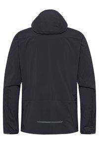 Schwarze wasserdichte Jacke mit Kapuze, langen Ärmeln, geradem Schnitt und reflektierenden Details auf dem Rücken nahe dem Saum.