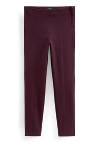 Pantalons ajustés bordeaux, fabriqués en tissu lisse. Dotés de poches latérales, d'un design à jambe droite et de détails de couture avant discrets.