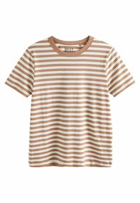 Gestreiftes T-Shirt in Hellbraun und Weiß. Kurze Ärmel, runder Ausschnitt, weicher Baumwollstoff, gleichmäßig verteilte horizontale Streifen.