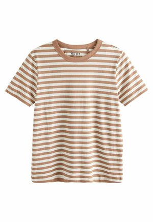 Camiseta de rayas en marrón claro y blanco. Manga corta, cuello redondo, tejido de algodón suave, rayas horizontales espaciadas uniformemente.