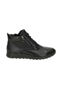 Des bottes noires en cuir jusqu'à la cheville présentent une finition texturée, un devant lacé et une fermeture éclair sur le côté pour un enfilage facile. Semelle en caoutchouc avec un profil bas.