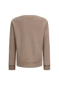 Bruine sweatshirt met textuur, in een boxy vorm, met ribgebreide manchetten en een zak aan de linkermouw. Ronde hals en een ontspannen pasvorm.