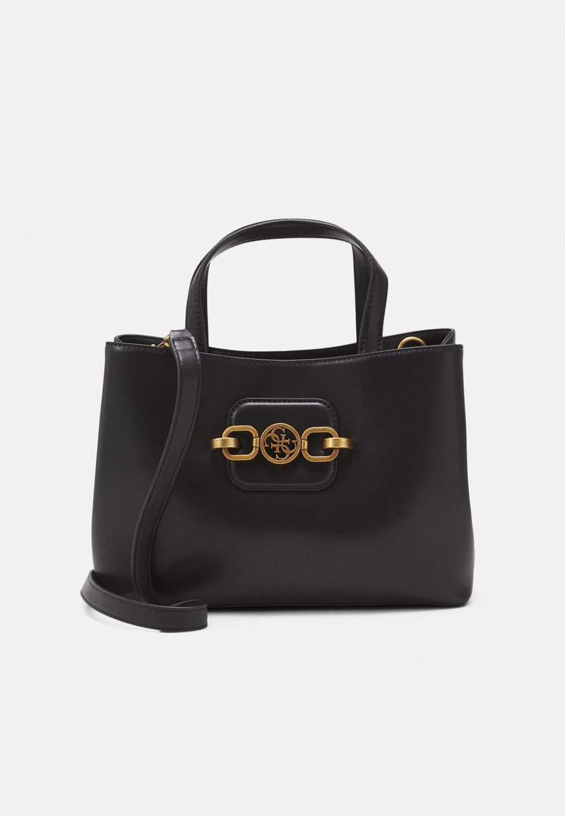 Borsa a mano in pelle nera con forma strutturata, caratterizzata da una chiusura con logo in tono oro, doppi manici superiori e tracolla removibile.