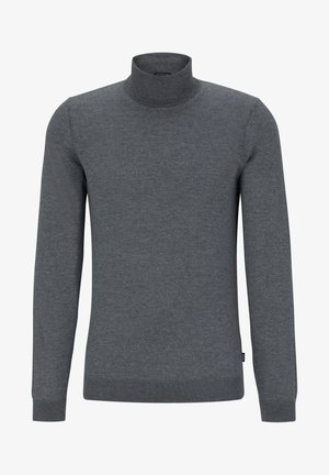 Suéter cinza de gola alta feito de malha suave. Apresenta mangas longas, um colarinho canelado e um corte regular com uma textura lisa.