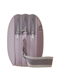 Purple hard-shell bag with a rounded shape, featuring textured sides, dual metallic zippers, and a detachable strap with striped accents.