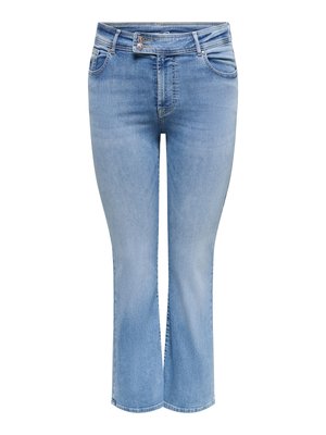 Blugi cropped flare din denim bleu deschis, cu închidere cu două nasturi, buzunare frontale și detalii ușor decolorate la spălare.