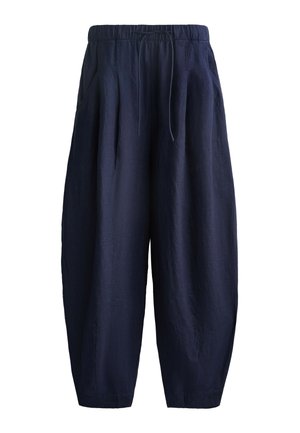 Pantalons en lin bleu marine avec une coupe décontractée, munis d'une ceinture à cordon de serrage et de poches latérales, avec un tissu texturé et des chevilles effilées.