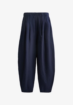 Marineblaue Leinenhosen mit lockerer Passform, ausgestattet mit einem Kordelzugbund und seitlichen Taschen, aus einem strukturierten Stoff und mit schmal zulaufenden Knöcheln.