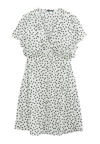 Abito bianco con pois neri, maniche corte a balza, scollatura a v e chiusura con bottoni sul davanti. Tessuto morbido e forma svasata.