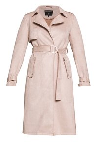 Béžový dámský trenčkot do délky kolen s dlouhými rukávy, páskem v pase, klopovými kapsami s knoflíky a širokým límcem.