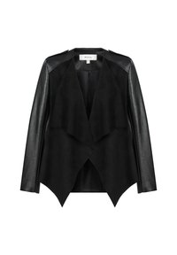 Veste en cuir noir avec des revers asymétriques et un devant drapé. Présente des contrastes lisses et texturés, des manches longues et des accents d'épaule.