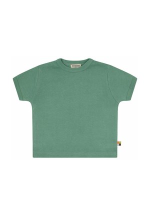 Muntgroene t-shirt met korte mouwen, gemaakt van zachte katoen. Heeft een ronde hals en een klein, multikleurig label aan de zijkant van de zoom.