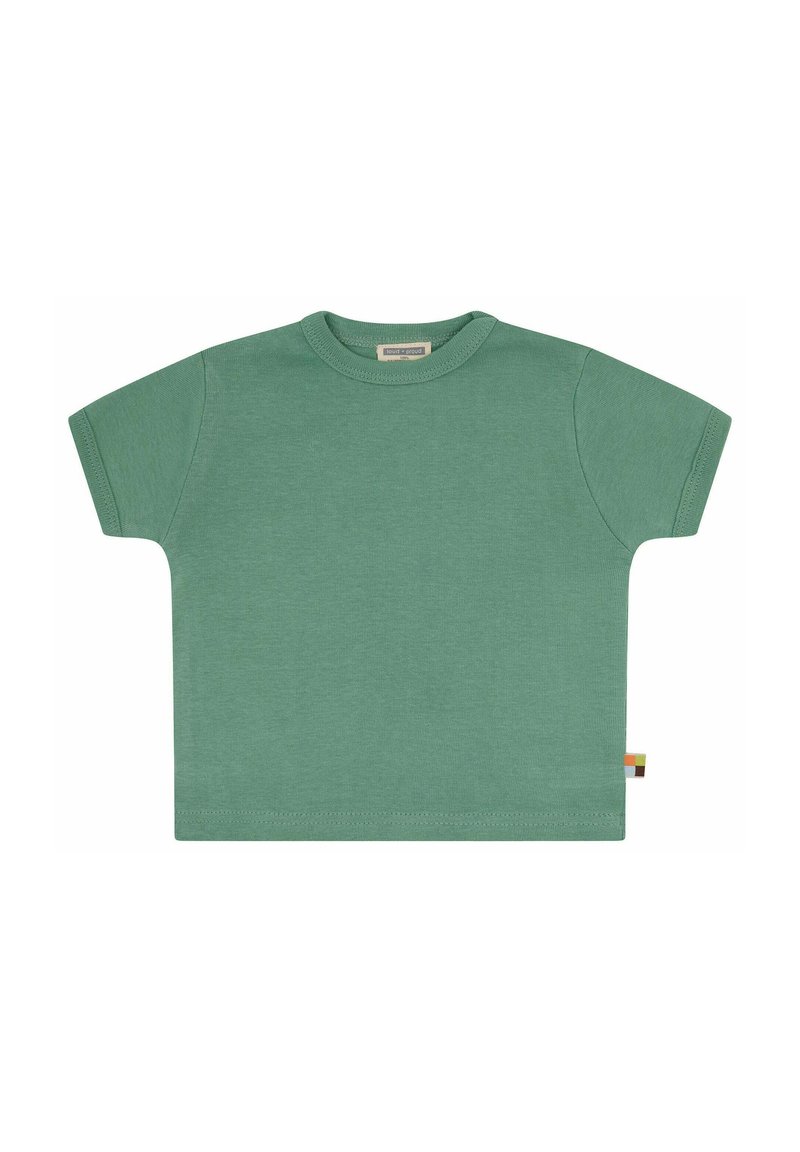 Kurzärmliges T-Shirt in Mintgrün aus weicher Baumwolle. Verfügbar mit Rundhals und einem kleinen, mehrfarbigen Etikett am seitlichen Saum.
