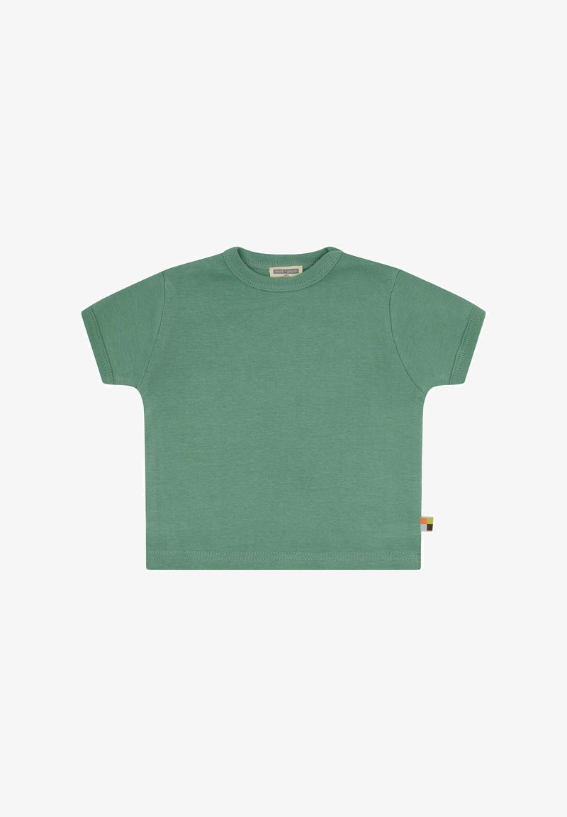 Kurzärmliges T-Shirt in Mintgrün aus weicher Baumwolle. Verfügbar mit Rundhals und einem kleinen, mehrfarbigen Etikett am seitlichen Saum.