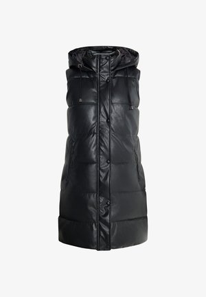 Gilet rembourré noir avec capuche, présentant une finition brillante, des boutons-pression, des cordons de serrage réglables et des poches zippées sur les côtés.