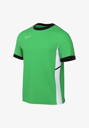 Maglietta sportiva verde a maniche corte con colletto e polsini neri, pannelli laterali in rete bianca e logo Nike bianco sul petto.