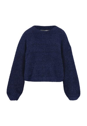 Sötétkék, rövidített pulóver, texturált, puha anyagból, hosszú, puffos ujjal és kerek nyakkivágással. Nincs látható zárószerkezet vagy minta.