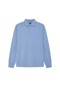 Helles blaues Langarm-Polo-Shirt aus weichem Material mit einem Kragen und einer Knopfleiste mit drei Knöpfen. Dezentes Logo auf der Brust.