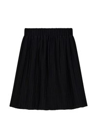 Gonna nera plissettata con cintura elastica, lunghezza al ginocchio, realizzata in tessuto similvelluto.