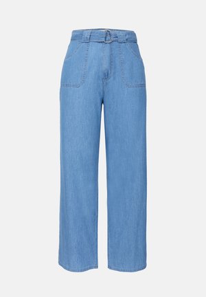 Light blue denim wide-leg trousers with a belted waist, two front pockets, and a plain texture. Features a minimalist design and clean lines.