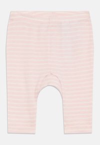 Leggings cor-de-rosa claro com riscas horizontais brancas. Material de algodão macio, cintura elástica e abertura na parte inferior para facilitar o movimento.