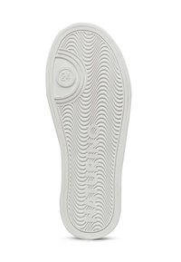 Biała gumowa podeszwa buta z falistym wzorem, wytłoczonym logo i okrągłym elementem z numerem 24.
