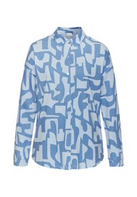 Svijetloplava košulja s apstraktnim bijelim uzorcima, izrađena od mekog materijala, s ovratnikom na gumb i dugim rukavima.