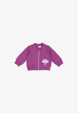 Giacca da bambino a maniche lunghe viola con cerniera frontale e grafica di un fiore rosa sul lato inferiore destro.