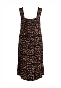Haljina s uzorkom leopard print, s kvadratnim izrezom, volančićima na naramenicama, slojevitom veličinom, ležernim krojem i kombinacijom smeđe i crne boje.