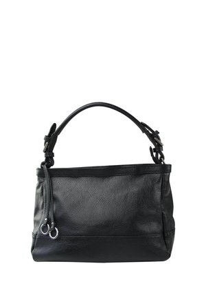Sac à main en cuir noir avec une finition texturée, bandoulière et deux anneaux en métal argenté sur le côté. Forme rectangulaire, taille moyenne.