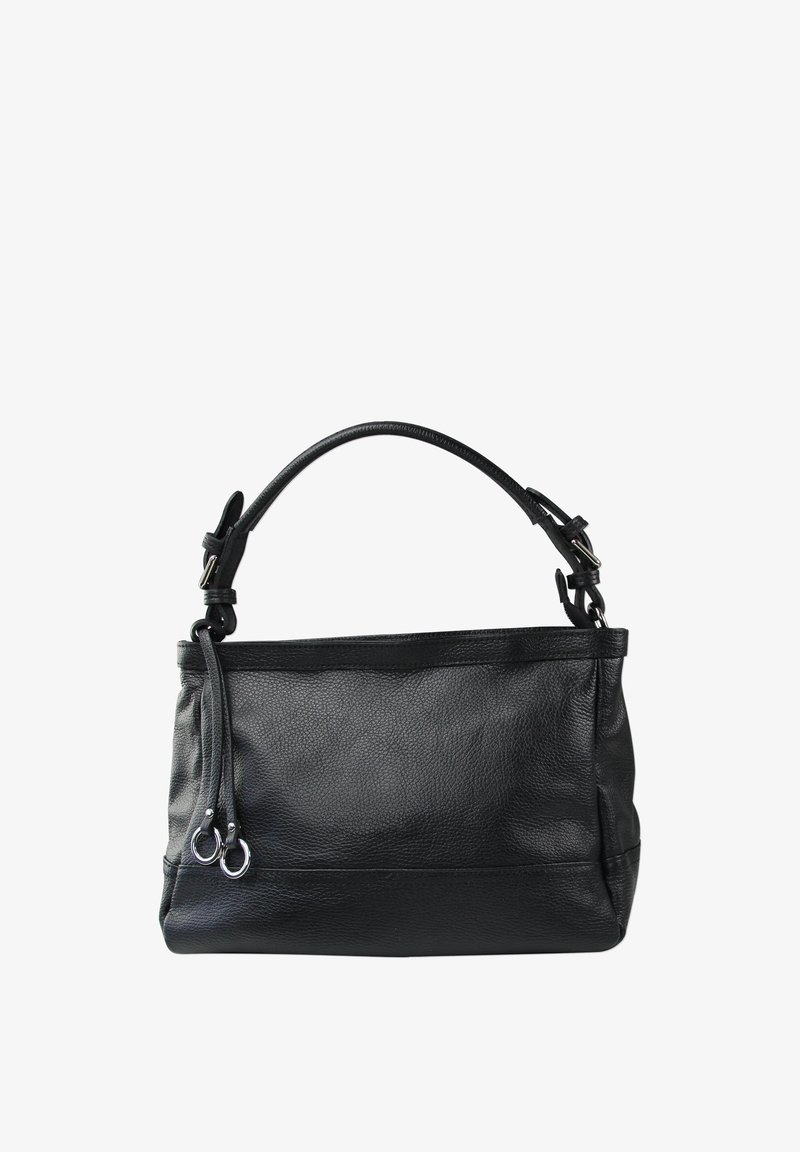 Sac à main en cuir noir avec une finition texturée, bandoulière et deux anneaux en métal argenté sur le côté. Forme rectangulaire, taille moyenne.