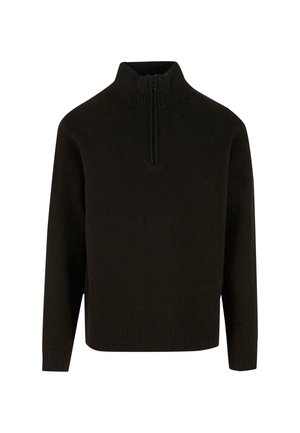 Maglione nero realizzato in materiale morbido, con collo alto e mezza zip, polsini a costine e orlo dritto.