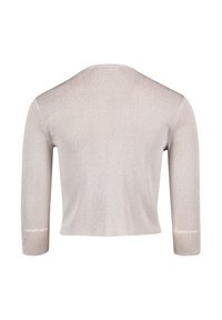 Ljusbeige kortärmad tröja med 3/4-ärmar, ribbat mönster och dekorativa detaljer vid ärmsluten. Klassisk rund halsringning, minimalistisk design.