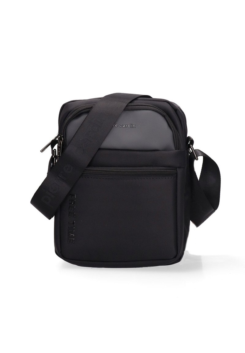 Borsa a tracolla nera realizzata in tessuto resistente, con parte superiore liscia e lati testurizzati, scomparti con cerniera e tracolla regolabile.