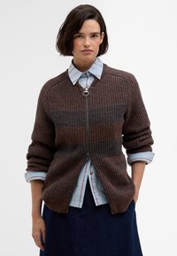 Brown ribbed sweater with a zip front and contrasting grey stripes. Worn over a blue striped collared shirt, featuring rolled-up sleeves.