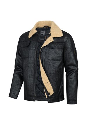Schwarze Kunstlederjacke mit beigem Lammfellkragen, Reißverschluss und Knöpfen vorne sowie zwei Brusttaschen. Texturierte Außenseite mit gestepptem Futter.
