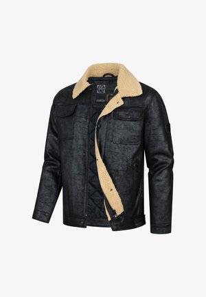 Svart faux skinnjakke med beige pelskrage, glidelås- og knapplukking foran, samt to brystlommer. Teksturert ytre med quiltet fôr.