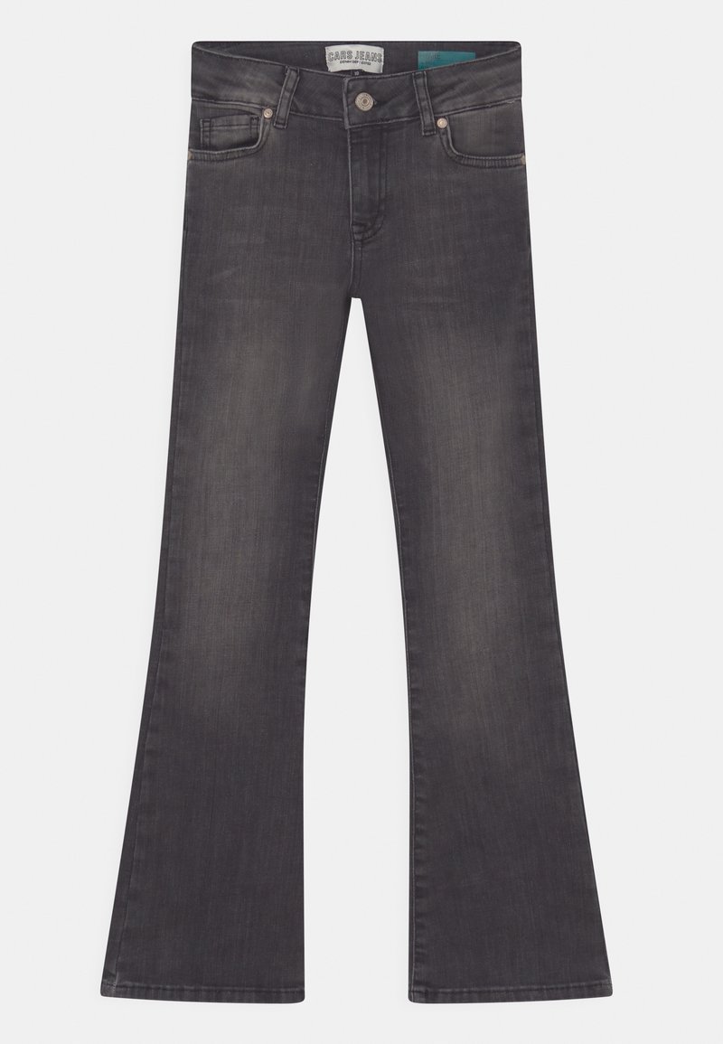 Flared dark gray jeans made of denim, featuring a mid-rise waist, standard pockets, and a subtle textured finish.