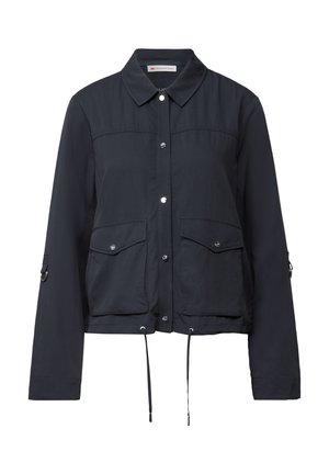 Veste légère noire avec col, fermeture à boutons sur le devant, deux poches poitrine et cordon de serrage ajustable à l'ourlet.