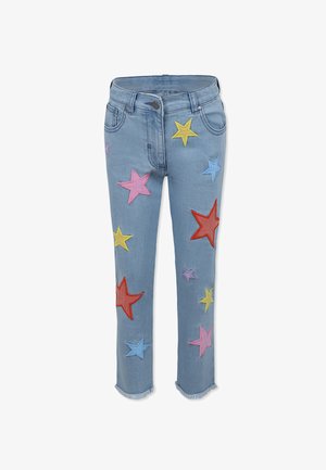 Jeans in denim azzurro chiaro con stelle ricamate multicolori in rosa, giallo, rosso e blu. Orlo cropped con bordi sfilacciati.