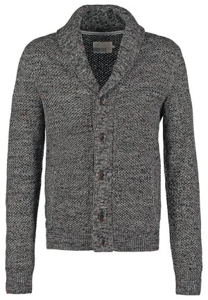 Grijze gebreide cardigan met een sjawlboord, voorzien van een knoopsluiting en een textuurpatroon met subtiele gekleurde vlekjes.