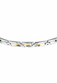 Bracciale in argento e oro presenta anelli metallici interconnessi, con una finitura liscia e accenti d'oro alternati che riflettono la luce.