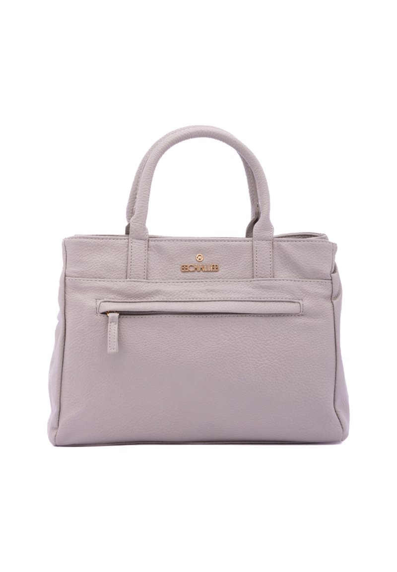 Grijze leren handtas met twee korte handvatten, voorzak met rits, reliëflogo en een gladde textuur. Rechthoekig ontwerp met minimale hardware.