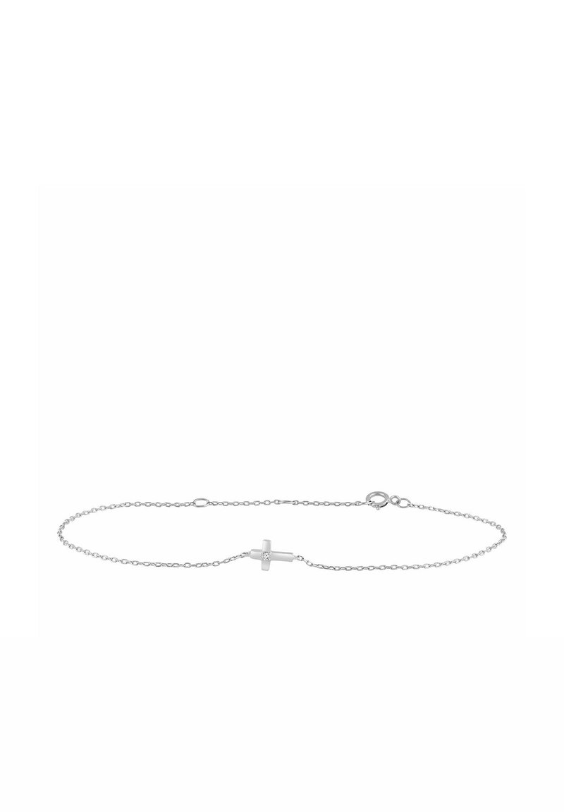 Srebrna bransoletka łańcuchowa z małym wisiorkiem w kształcie krzyża, ozdobionym centralnym kamieniem szlachetnym. Delikatne ogniwa i solidne zapięcie.